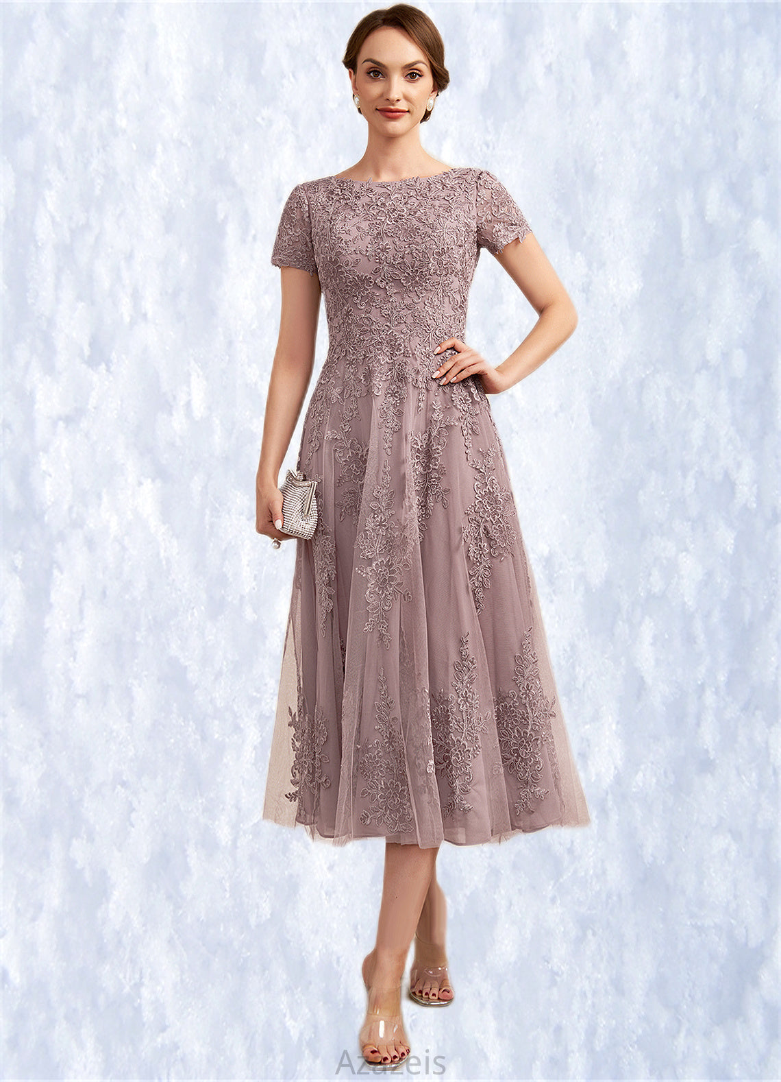 Scarlett A-Line Scoop Neck Tea-Length Tulle Lace Mother of the Bride Dress DF126P0014538