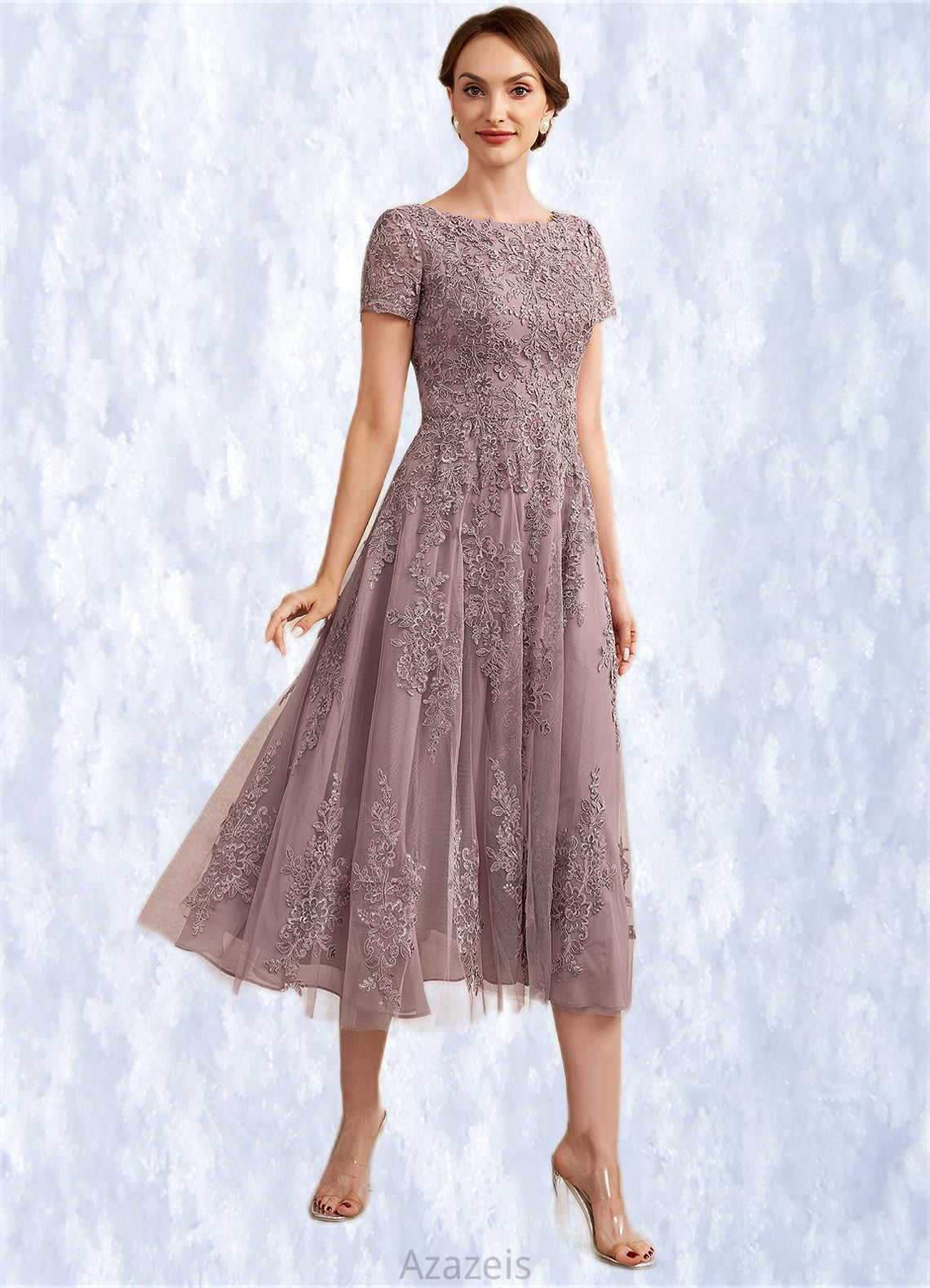 Scarlett A-Line Scoop Neck Tea-Length Tulle Lace Mother of the Bride Dress DF126P0014538