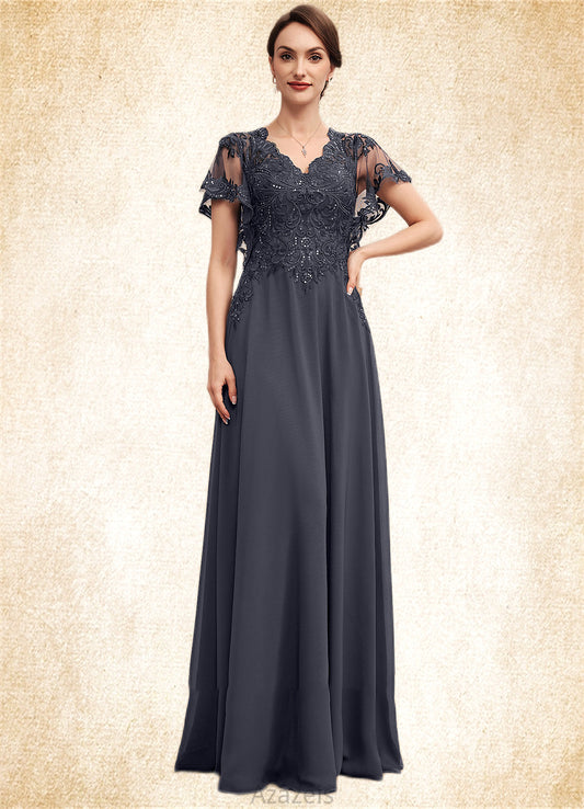 Giovanna A-line V-Neck Floor-Length Chiffon Lace Mother of the Bride Dress With Sequins DF126P0014542