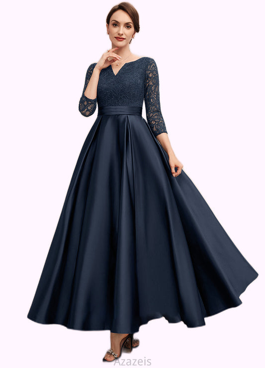 Sanai A-Line V-neck Ankle-Length Satin Lace Mother of the Bride Dress With Beading DF126P0014545