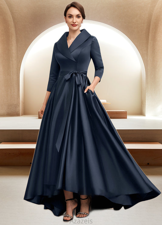 Eliana A-Line V-neck Asymmetrical Satin Mother of the Bride Dress With Bow(s) Pockets DF126P0014553