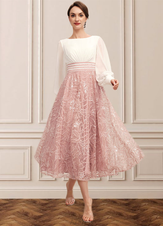 Harriet A-Line Scoop Neck Tea-Length Chiffon Lace Mother of the Bride Dress With Beading DF126P0014557