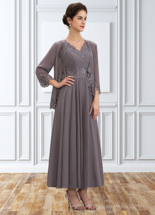 Margaret A-line V-Neck Ankle-Length Chiffon Mother of the Bride Dress With Beading Appliques Lace Sequins DF126P0014558