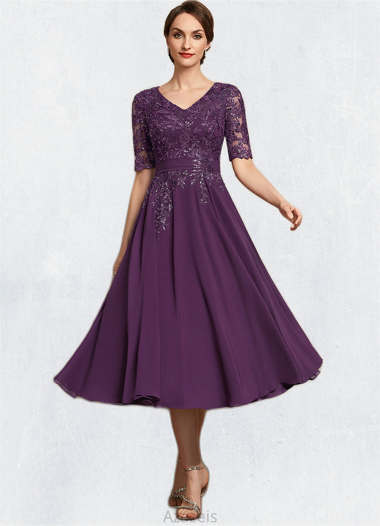 Heaven A-line V-Neck Tea-Length Chiffon Lace Mother of the Bride Dress With Sequins DF126P0014561