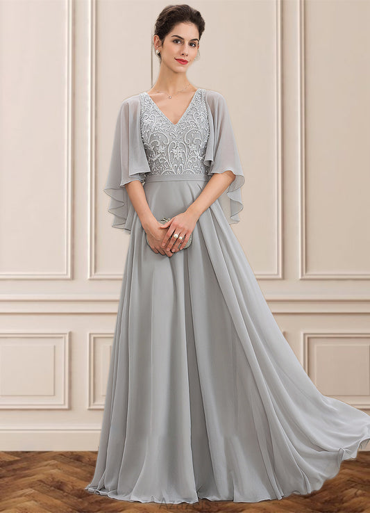 Leanna A-line V-Neck Floor-Length Chiffon Lace Mother of the Bride Dress With Beading Sequins DF126P0014563