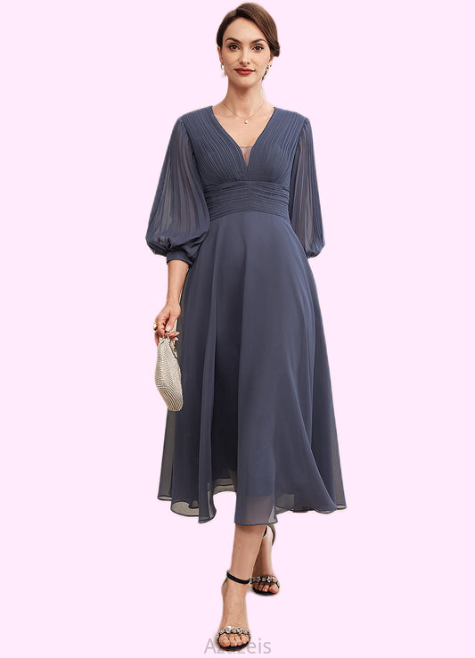 Zoe A-Line V-neck Tea-Length Chiffon Mother of the Bride Dress With Ruffle DF126P0014566