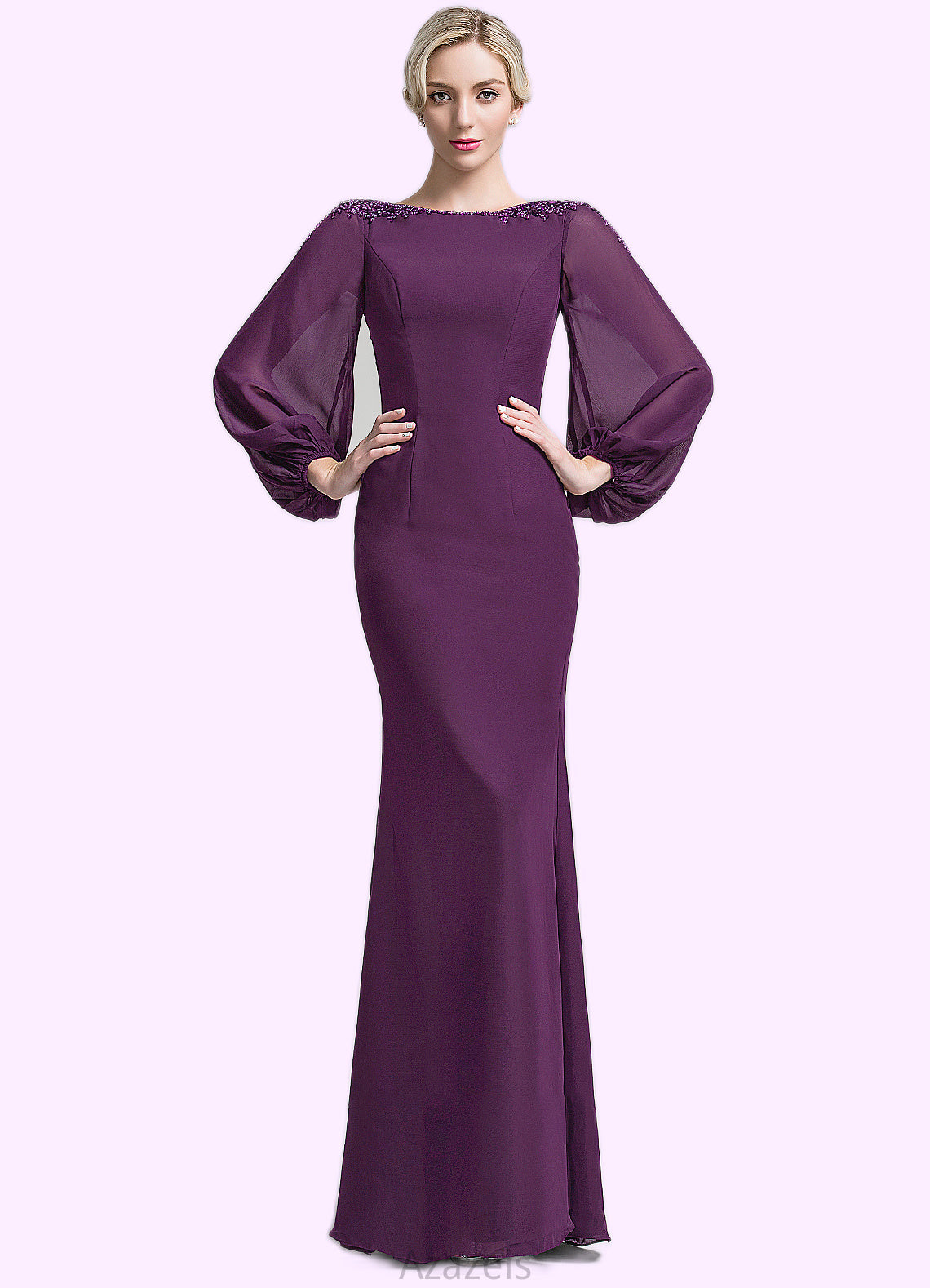 Delilah Trumpet/Mermaid Scoop Neck Floor-Length Chiffon Mother of the Bride Dress With Beading Sequins DF126P0014748