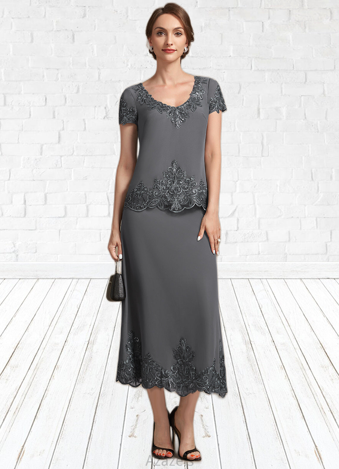 Melina A-Line Scoop Neck Tea-Length Chiffon Lace Mother of the Bride Dress With Sequins DF126P0014800