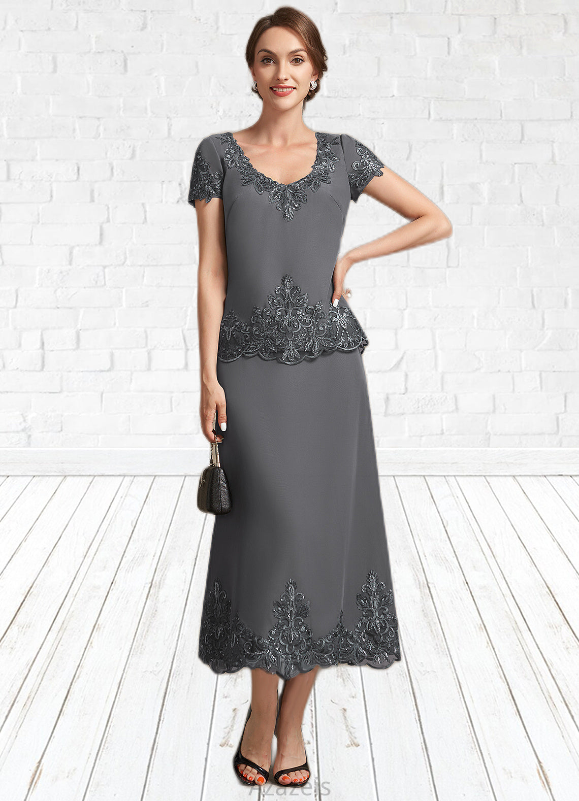 Melina A-Line Scoop Neck Tea-Length Chiffon Lace Mother of the Bride Dress With Sequins DF126P0014800