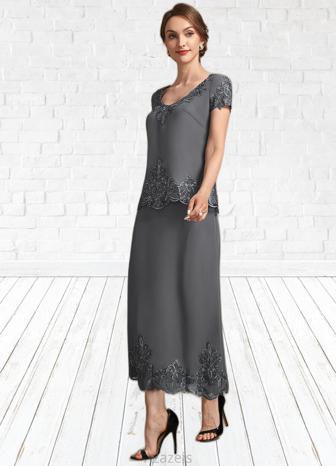 Melina A-Line Scoop Neck Tea-Length Chiffon Lace Mother of the Bride Dress With Sequins DF126P0014800