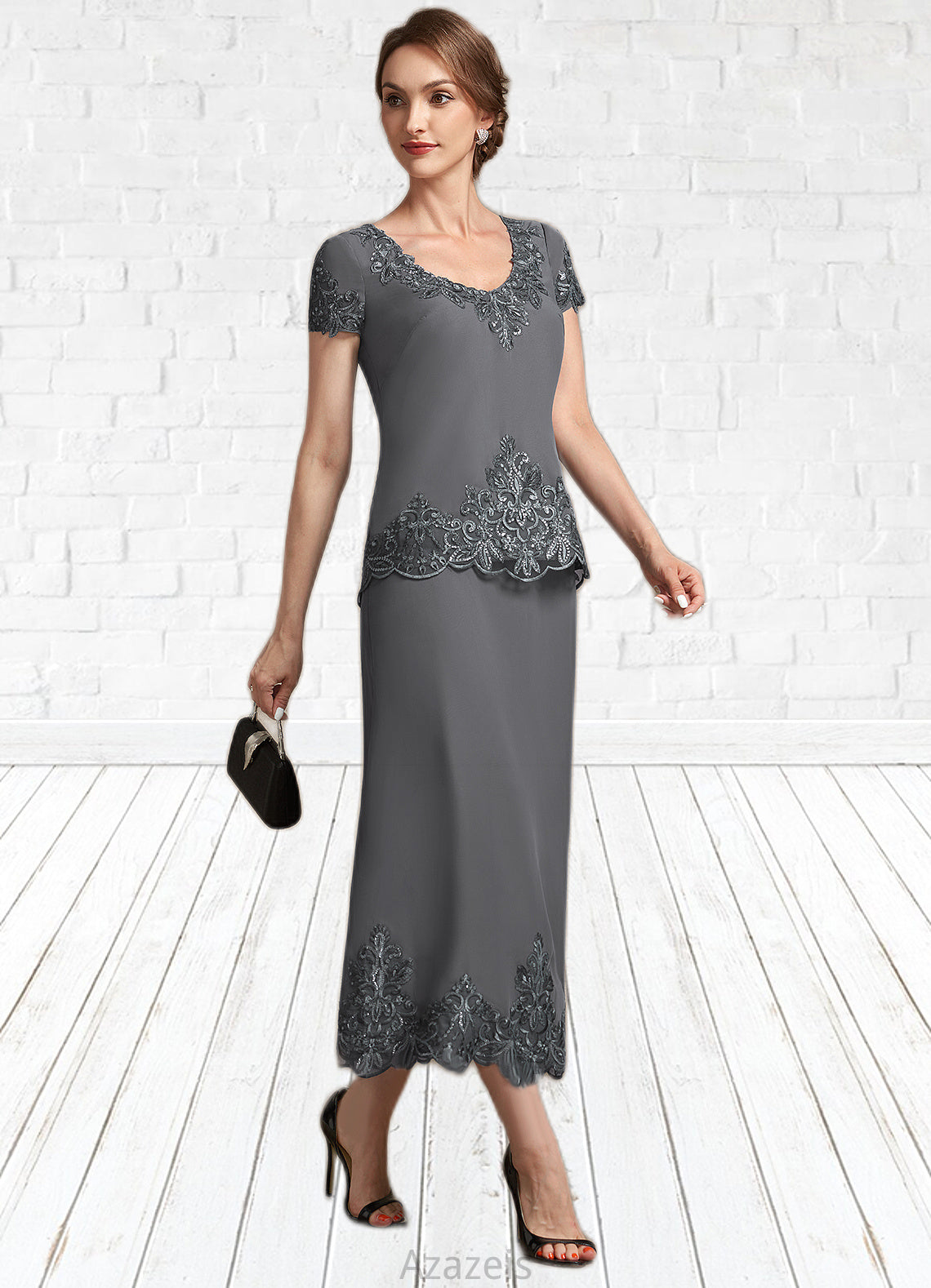 Melina A-Line Scoop Neck Tea-Length Chiffon Lace Mother of the Bride Dress With Sequins DF126P0014800