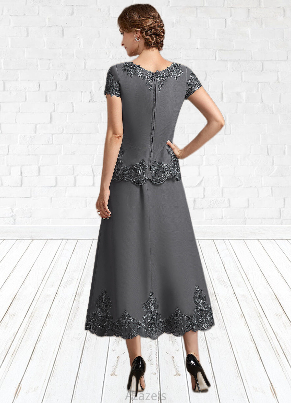 Melina A-Line Scoop Neck Tea-Length Chiffon Lace Mother of the Bride Dress With Sequins DF126P0014800