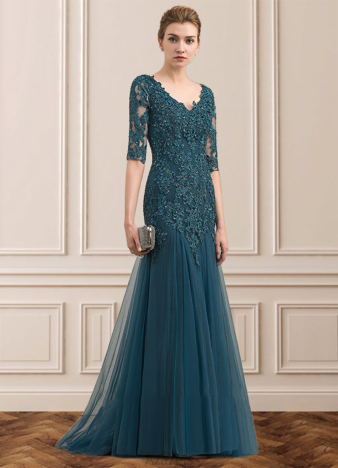 Stella Trumpet/Mermaid V-neck Sweep Train Tulle Lace Mother of the Bride Dress With Beading Sequins DF126P0014804