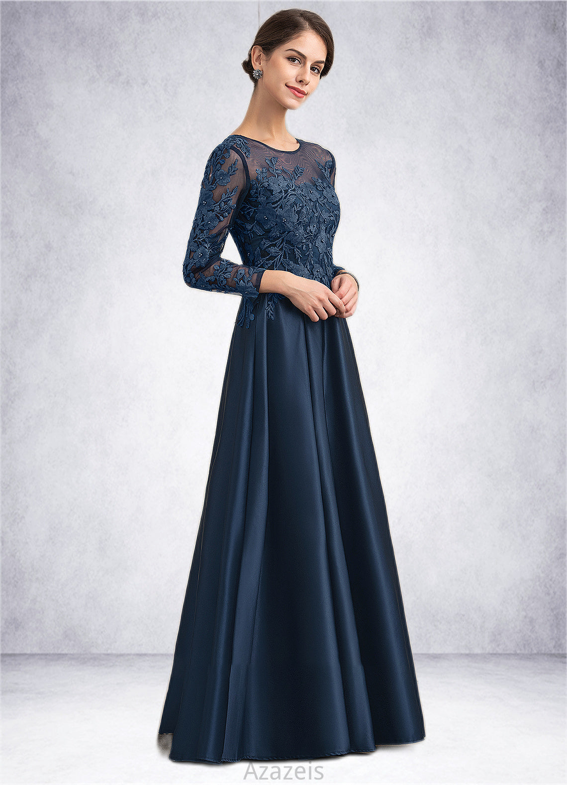 Scarlett A-Line Scoop Neck Floor-Length Satin Lace Mother of the Bride Dress With Beading DF126P0014858