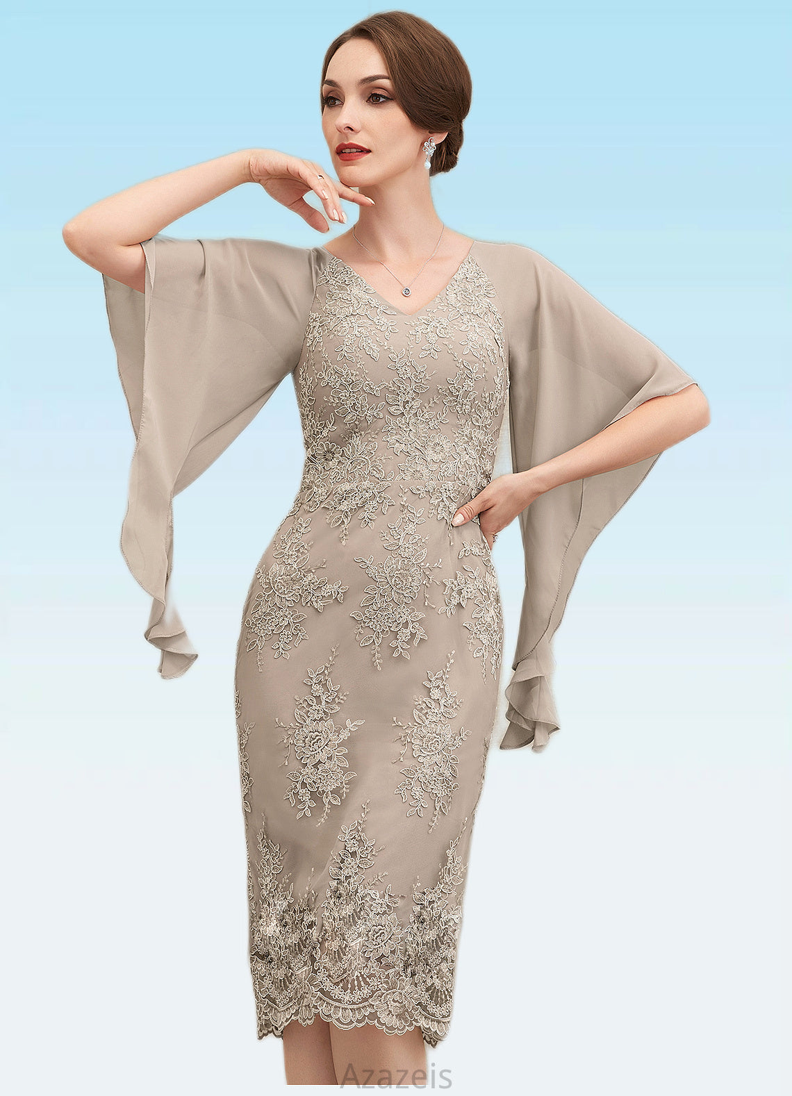 Renata Sheath/Column V-neck Knee-Length Chiffon Lace Mother of the Bride Dress With Cascading Ruffles DF126P0014925