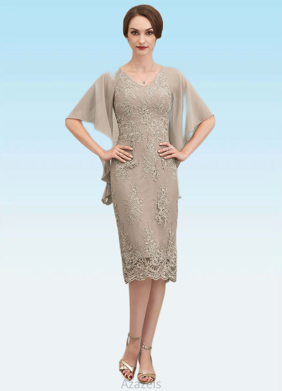 Renata Sheath/Column V-neck Knee-Length Chiffon Lace Mother of the Bride Dress With Cascading Ruffles DF126P0014925