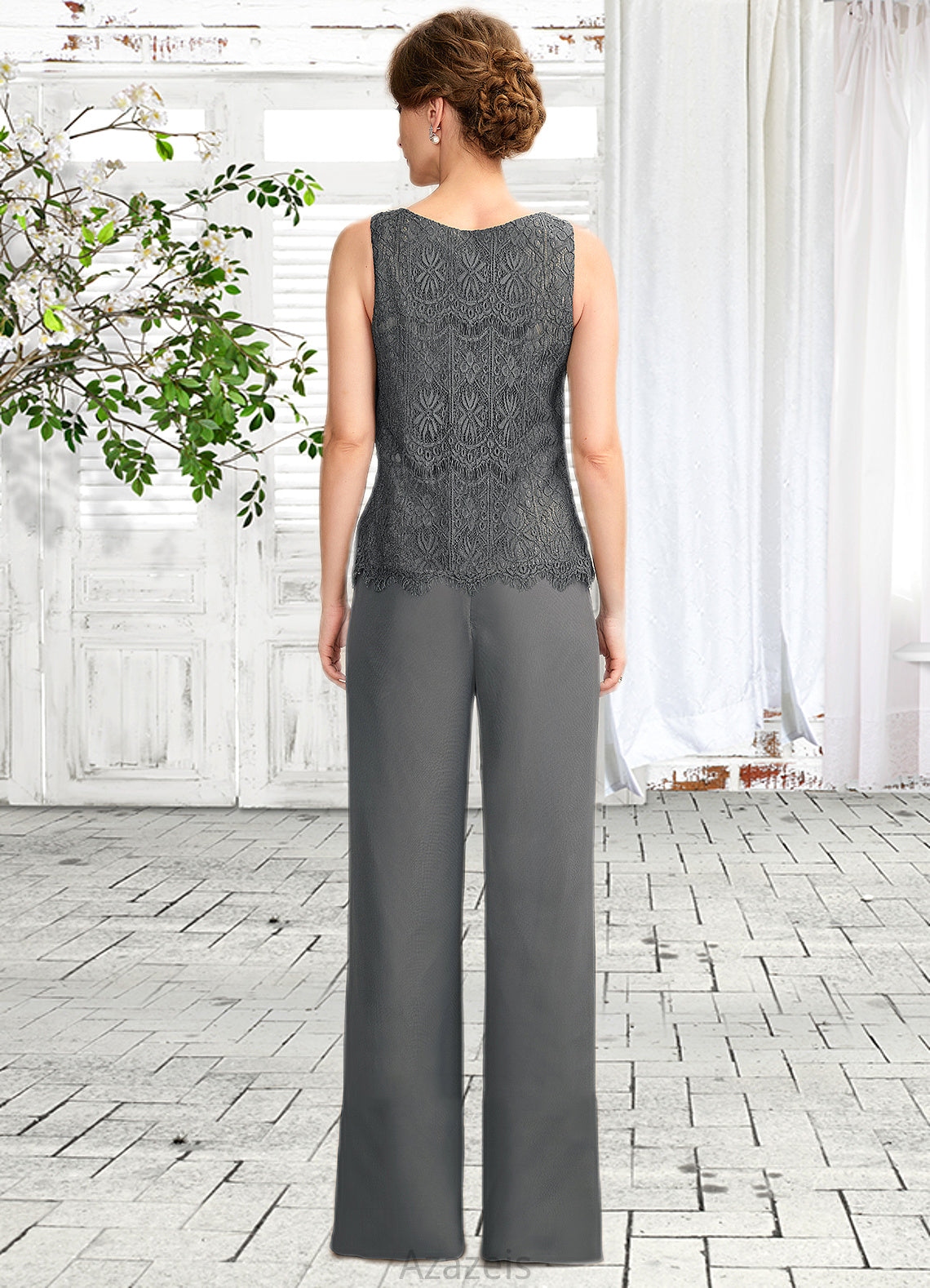 Frances Jumpsuit/Pantsuit Scoop Neck Floor-Length Chiffon Lace Mother of the Bride Dress DF126P0015006