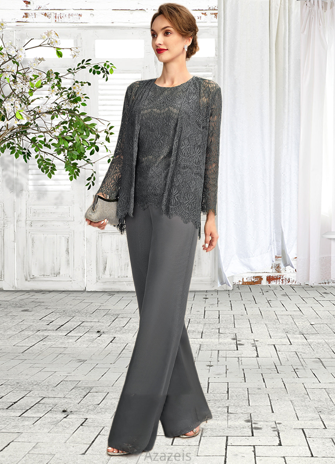 Frances Jumpsuit/Pantsuit Scoop Neck Floor-Length Chiffon Lace Mother of the Bride Dress DF126P0015006