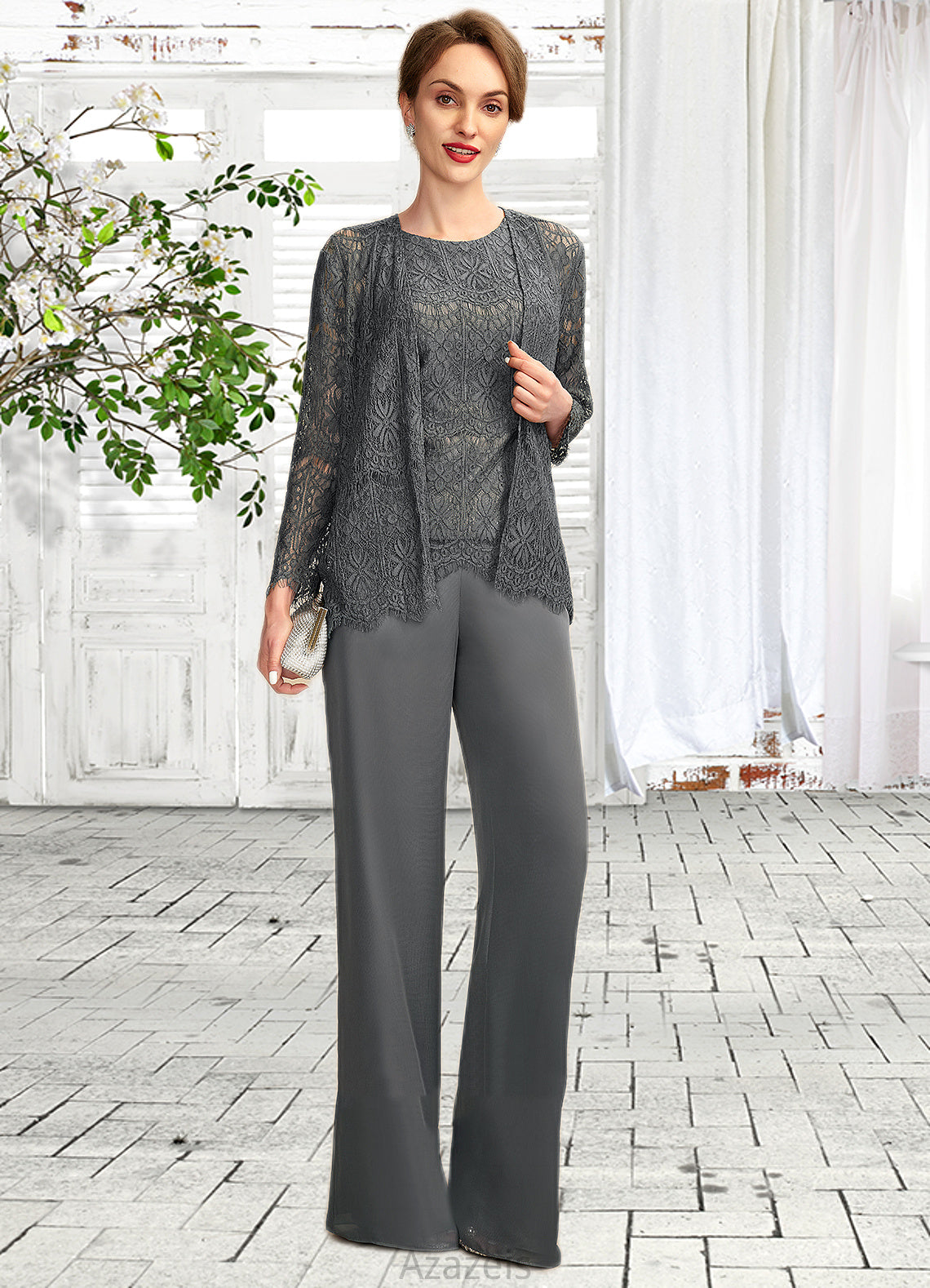 Frances Jumpsuit/Pantsuit Scoop Neck Floor-Length Chiffon Lace Mother of the Bride Dress DF126P0015006