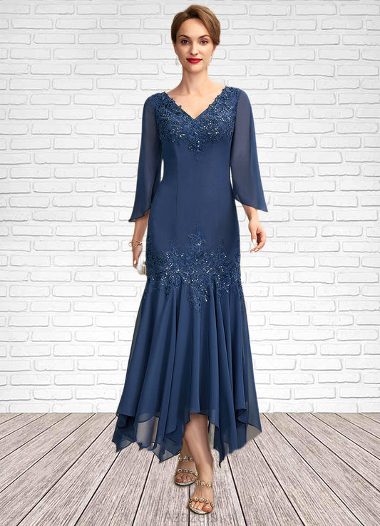 Jacqueline Trumpet/Mermaid V-neck Ankle-Length Chiffon Mother of the Bride Dress With Appliques Lace Sequins DF126P0015009