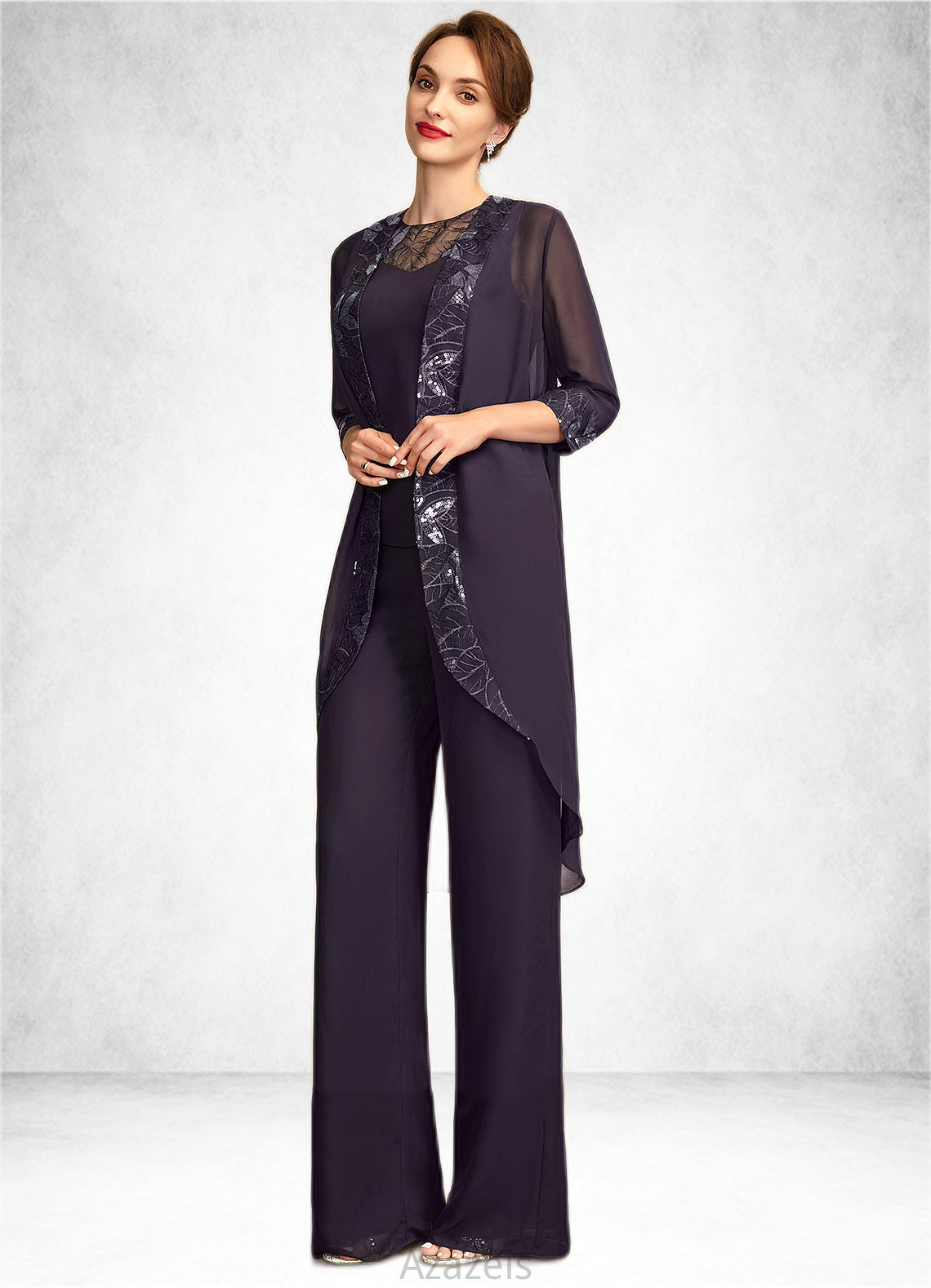 Rowan Jumpsuit/Pantsuit Scoop Neck Floor-Length Chiffon Lace Mother of the Bride Dress With Sequins DF126P0015010