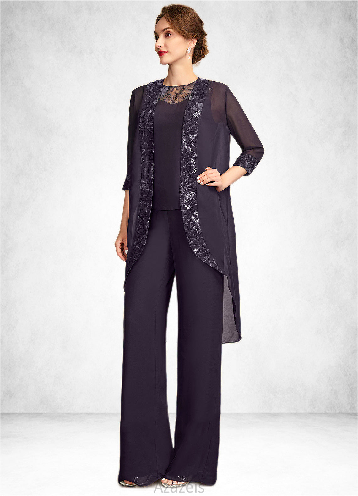 Rowan Jumpsuit/Pantsuit Scoop Neck Floor-Length Chiffon Lace Mother of the Bride Dress With Sequins DF126P0015010