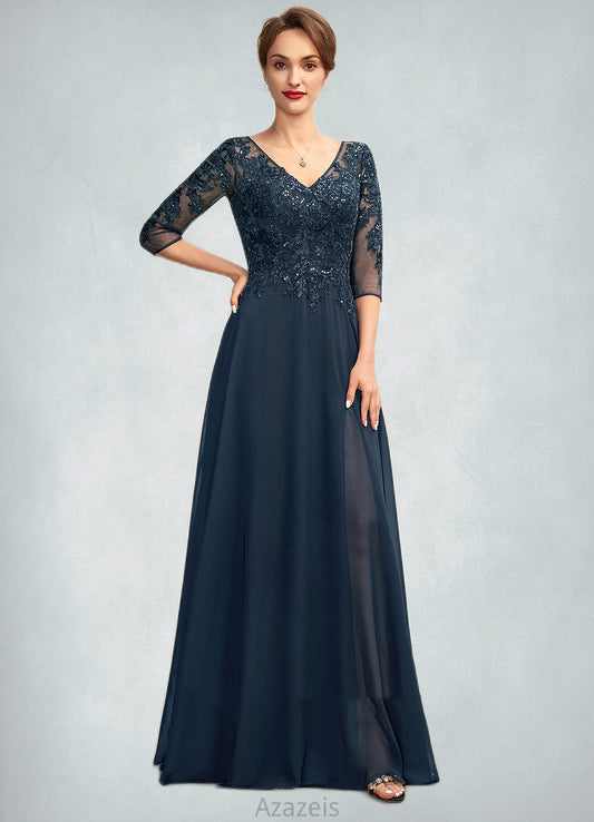 Lorna A-Line V-neck Floor-Length Chiffon Lace Mother of the Bride Dress With Sequins Split Front DF126P0015014