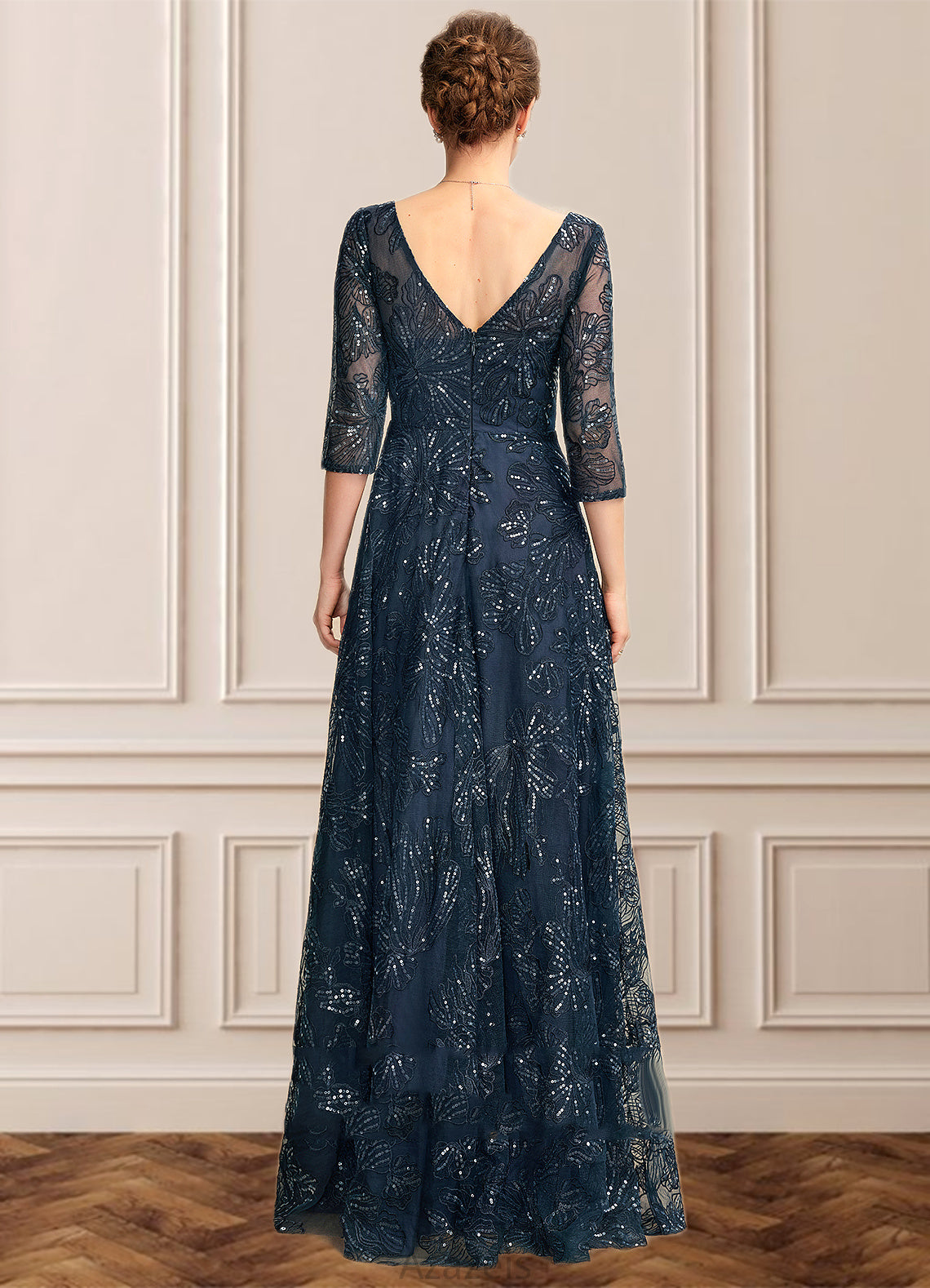 Sadie A-Line V-neck Floor-Length Lace Mother of the Bride Dress With Sequins DF126P0015015