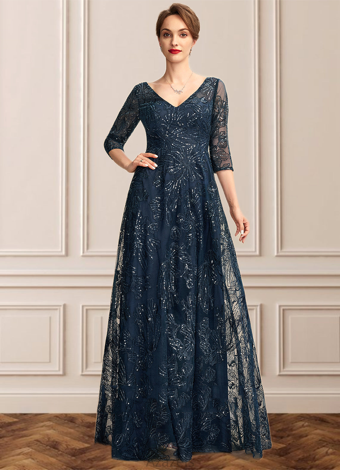 Sadie A-Line V-neck Floor-Length Lace Mother of the Bride Dress With Sequins DF126P0015015