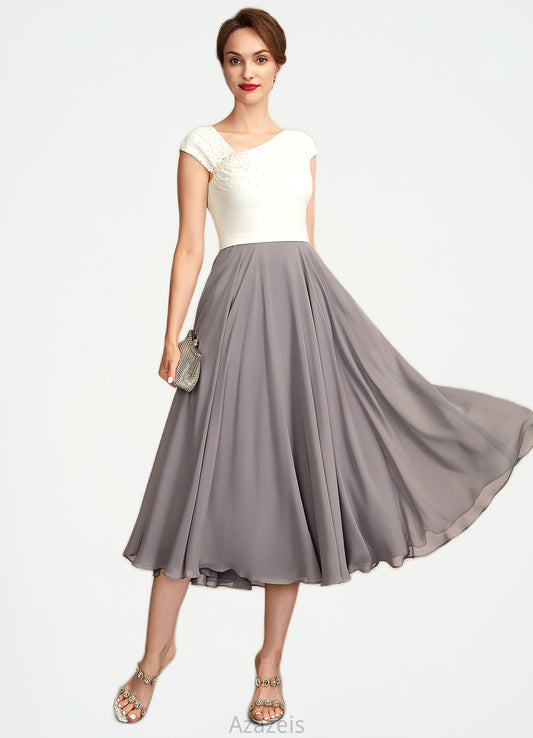 Marcia A-Line V-neck Tea-Length Chiffon Mother of the Bride Dress With Ruffle Beading Sequins DF126P0015016