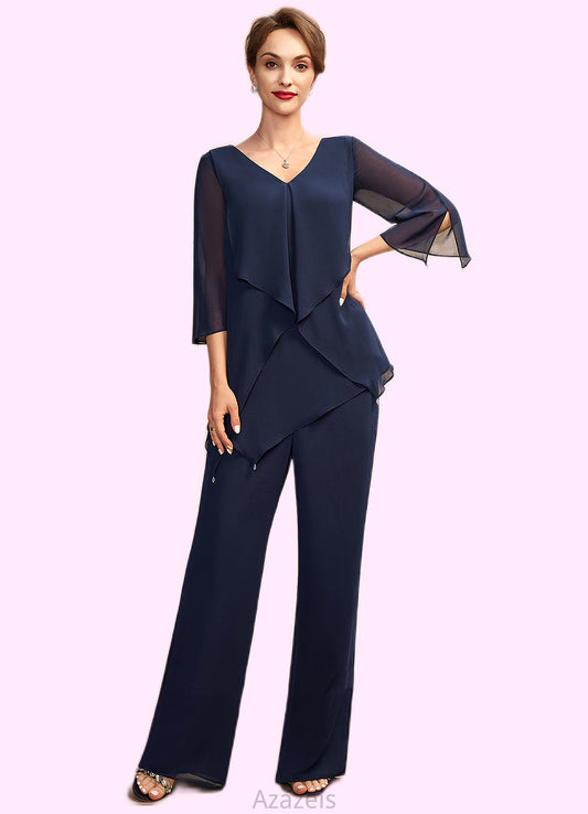 Eliza Jumpsuit/Pantsuit V-neck Floor-Length Chiffon Mother of the Bride Dress With Cascading Ruffles DF126P0015019