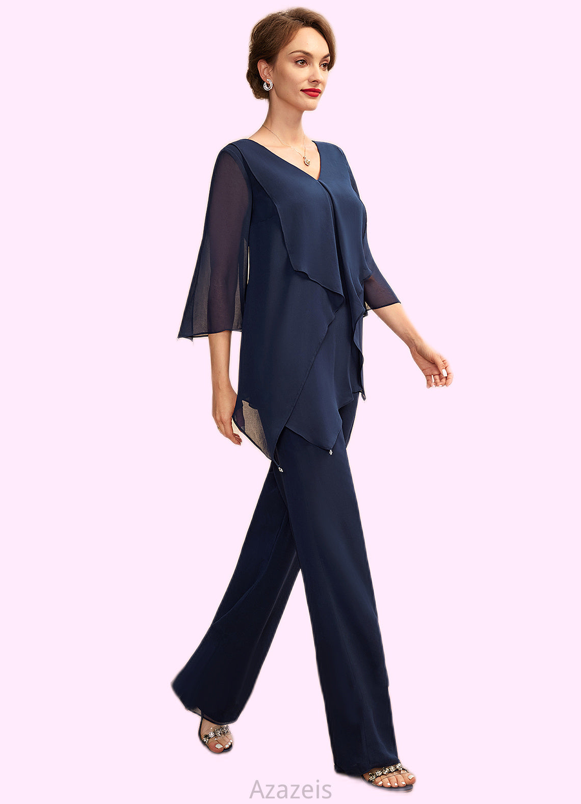 Eliza Jumpsuit/Pantsuit V-neck Floor-Length Chiffon Mother of the Bride Dress With Cascading Ruffles DF126P0015019