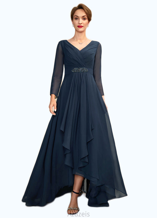 Ava A-Line V-neck Asymmetrical Chiffon Mother of the Bride Dress With Ruffle Beading Bow(s) DF126P0015021