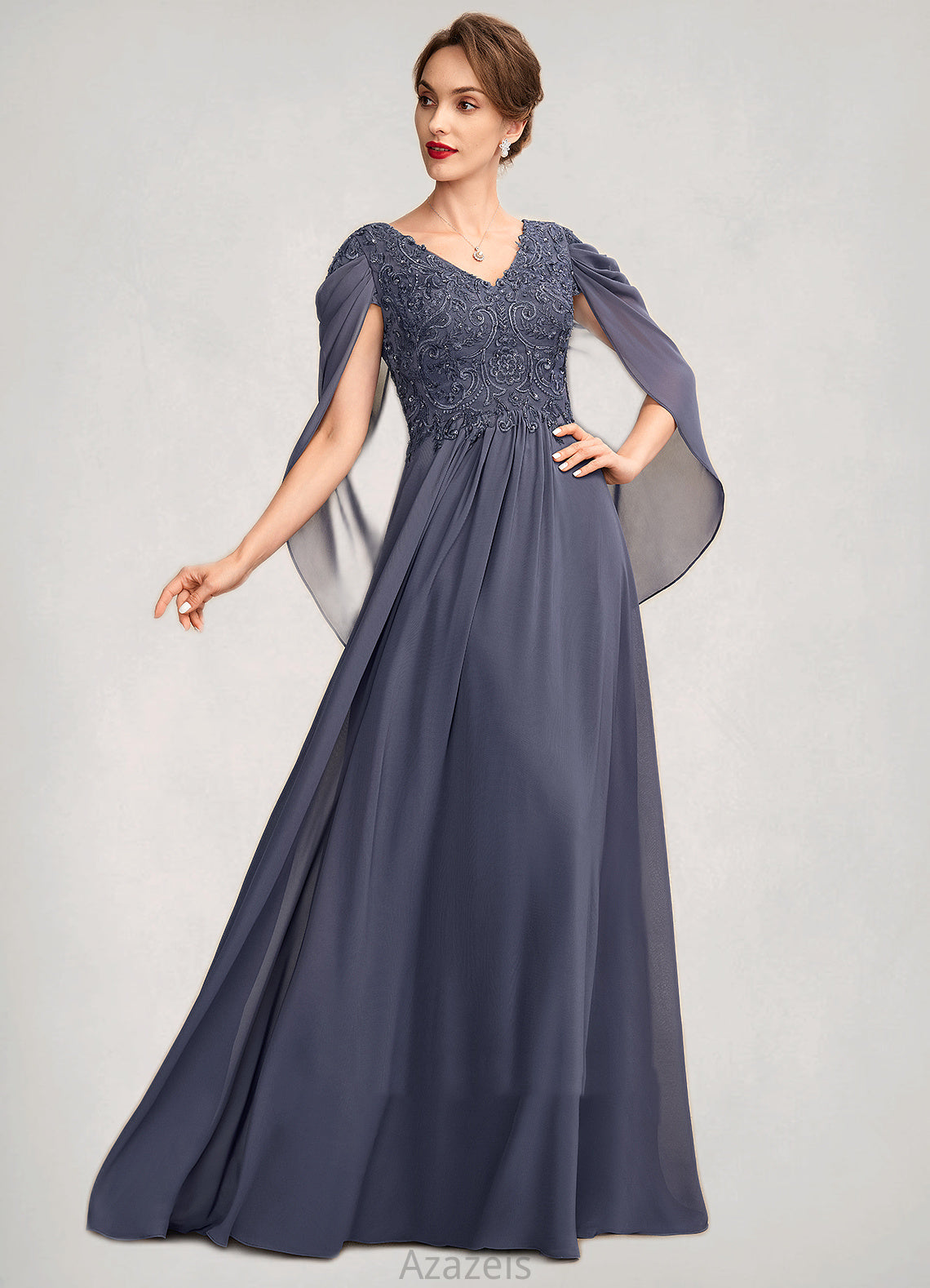 Sydnee A-Line V-neck Floor-Length Chiffon Lace Mother of the Bride Dress With Beading Sequins DF126P0015022