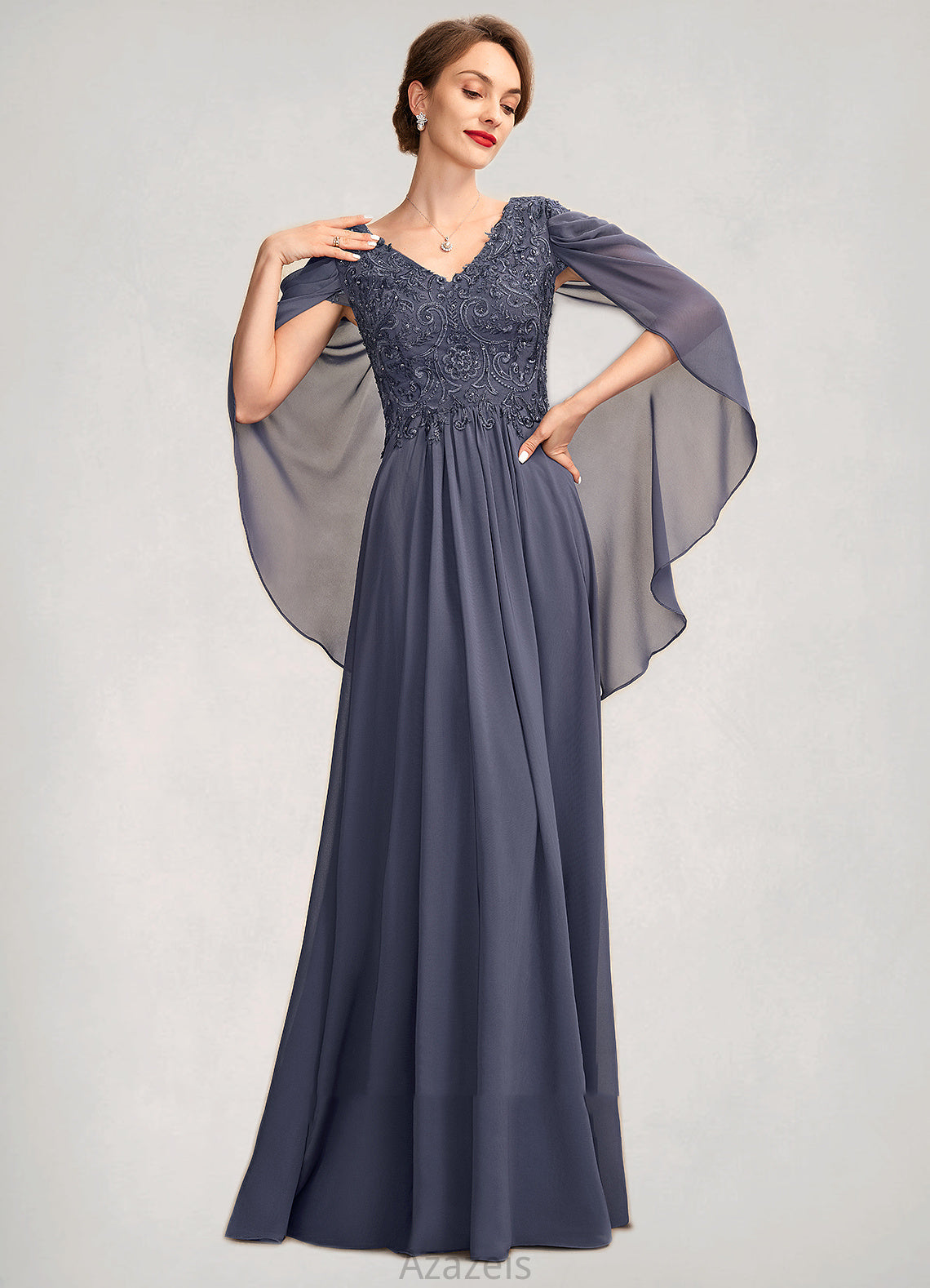 Sydnee A-Line V-neck Floor-Length Chiffon Lace Mother of the Bride Dress With Beading Sequins DF126P0015022