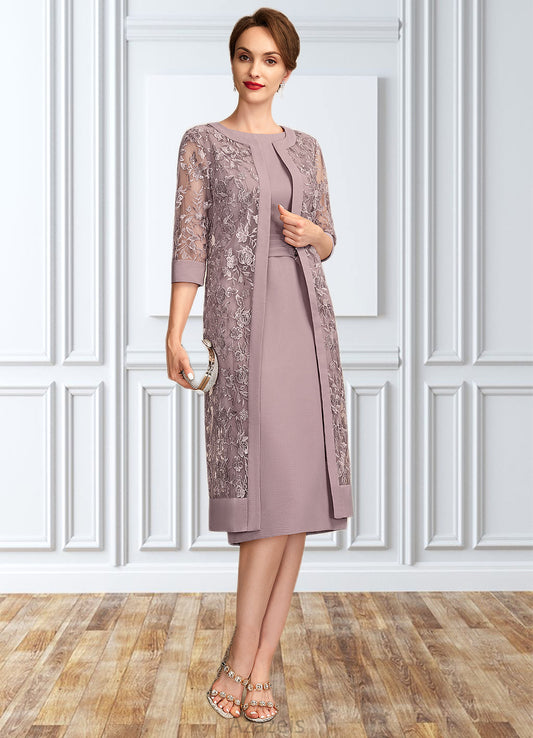 Taniya Sheath/Column Scoop Neck Knee-Length Chiffon Mother of the Bride Dress With Ruffle Sequins DF126P0015023