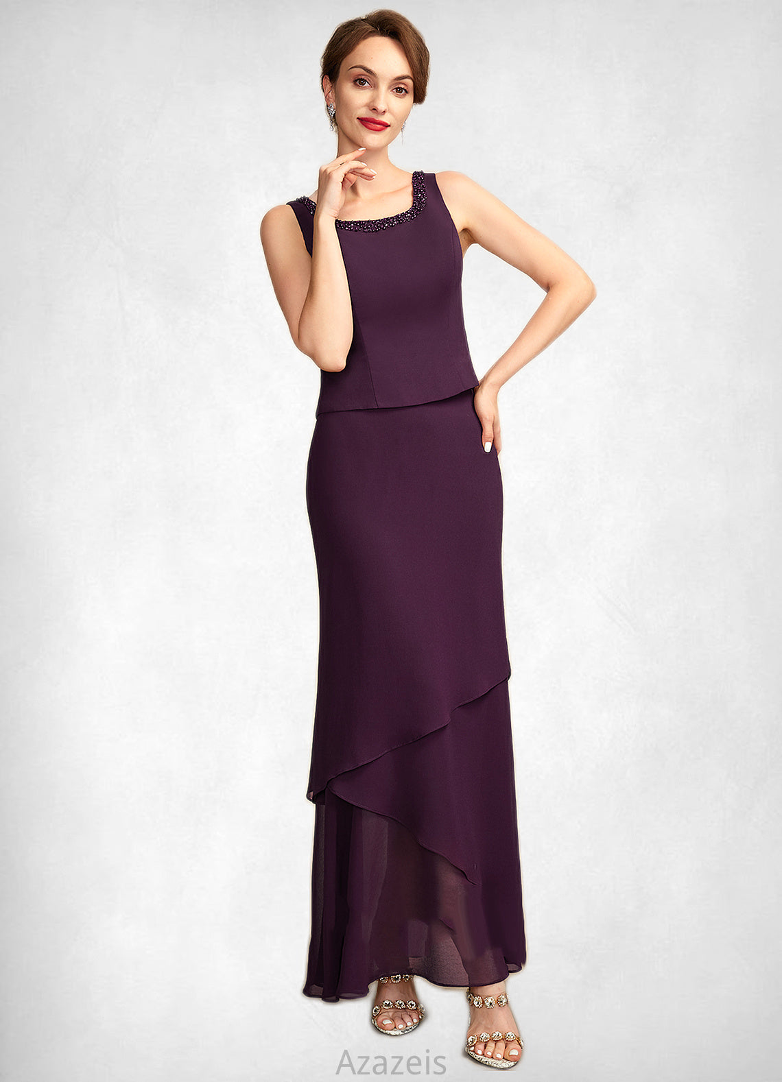 Sadie Sheath/Column Scoop Neck Ankle-Length Chiffon Mother of the Bride Dress With Beading Sequins DF126P0015024