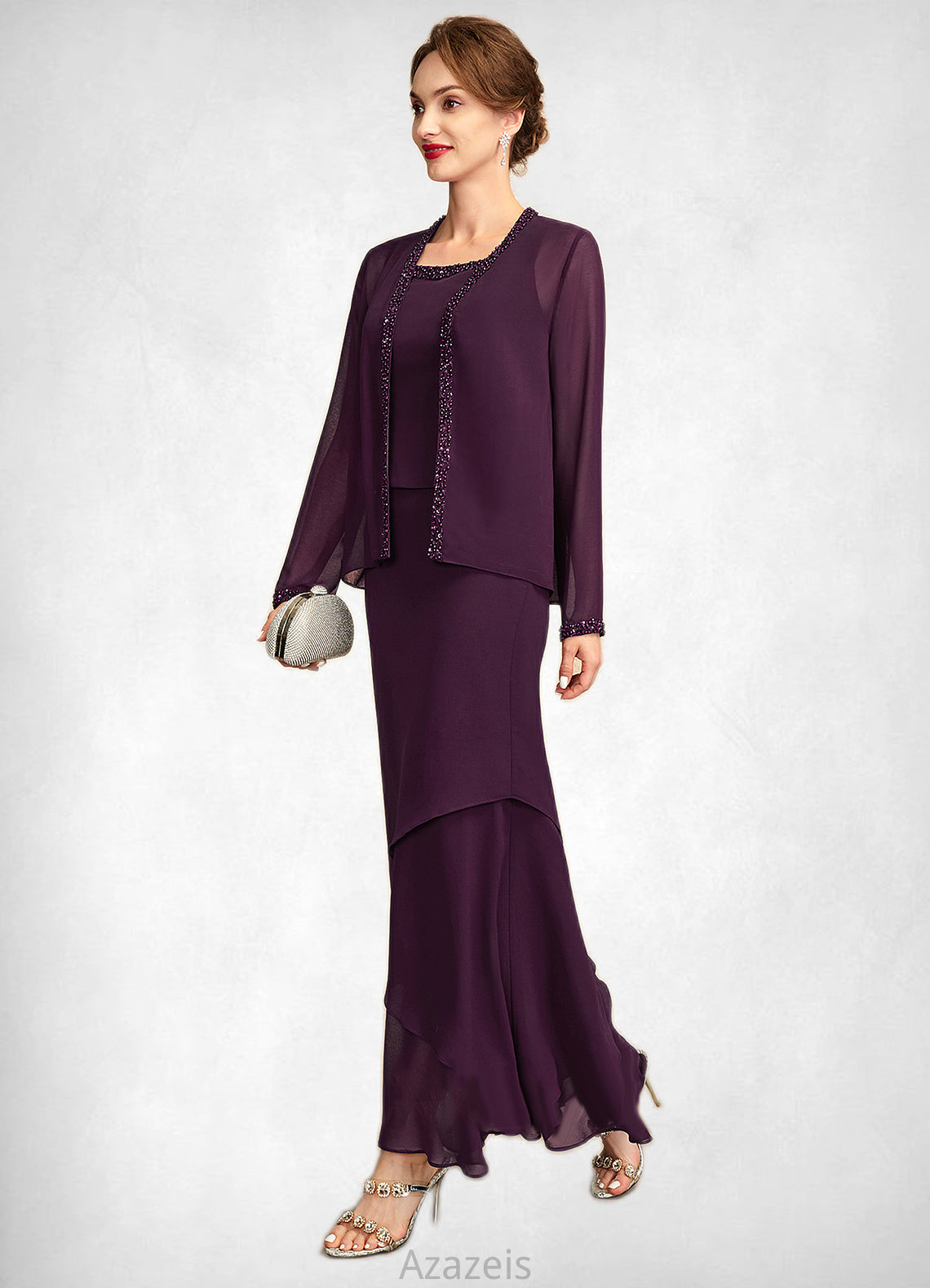 Sadie Sheath/Column Scoop Neck Ankle-Length Chiffon Mother of the Bride Dress With Beading Sequins DF126P0015024