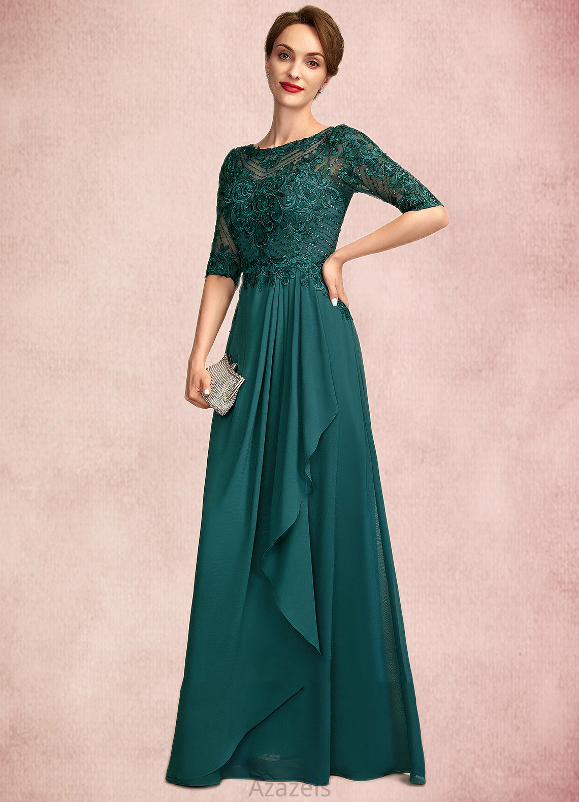 Jade A-Line Scoop Neck Floor-Length Chiffon Lace Mother of the Bride Dress With Beading Sequins Cascading Ruffles DF126P0015027