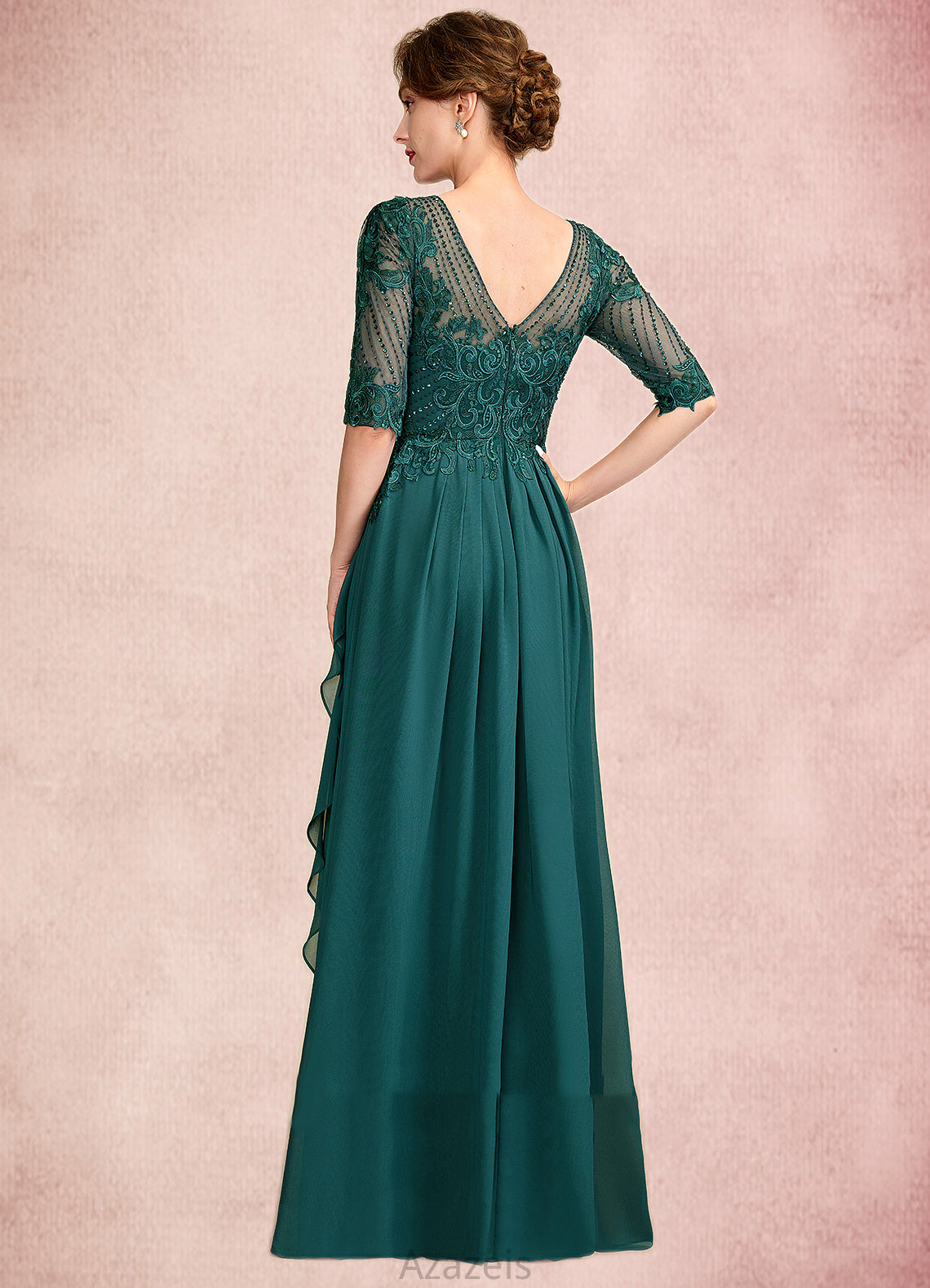 Jade A-Line Scoop Neck Floor-Length Chiffon Lace Mother of the Bride Dress With Beading Sequins Cascading Ruffles DF126P0015027