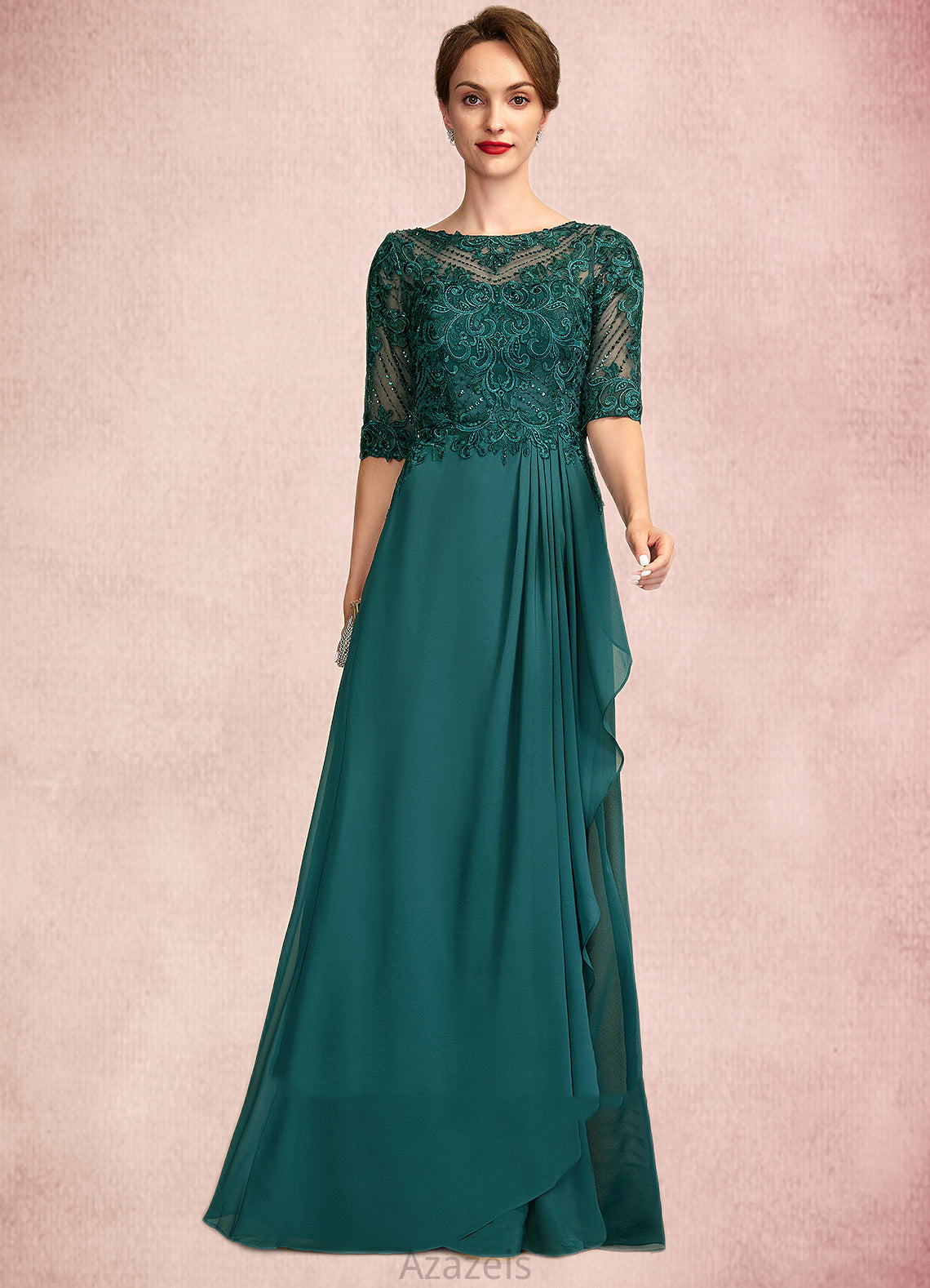 Jade A-Line Scoop Neck Floor-Length Chiffon Lace Mother of the Bride Dress With Beading Sequins Cascading Ruffles DF126P0015027