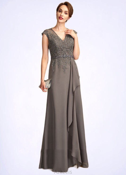 Ruby A-Line V-neck Floor-Length Chiffon Lace Mother of the Bride Dress With Beading Sequins Cascading Ruffles DF126P0015030