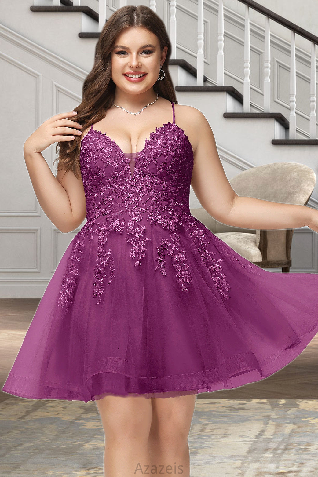 Ainsley A-line V-Neck Short/Mini Lace Tulle Homecoming Dress With Sequins DFP0020500