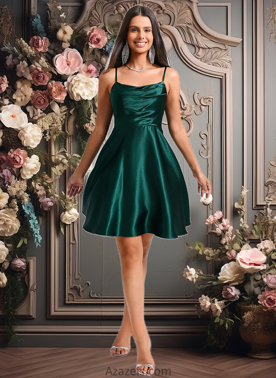 April A-line Cowl Short Stretch Satin Homecoming Dress DFP0025664