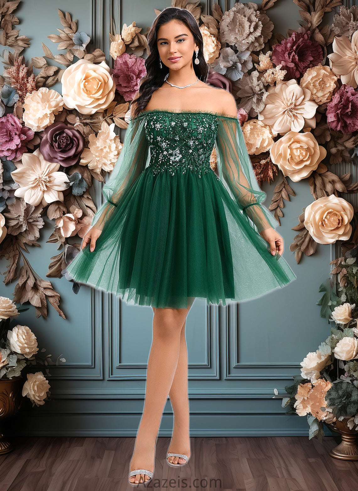 Fernanda A-line Off the Shoulder Short Tulle Homecoming Dress With Sequins Appliques Lace DFP0025663