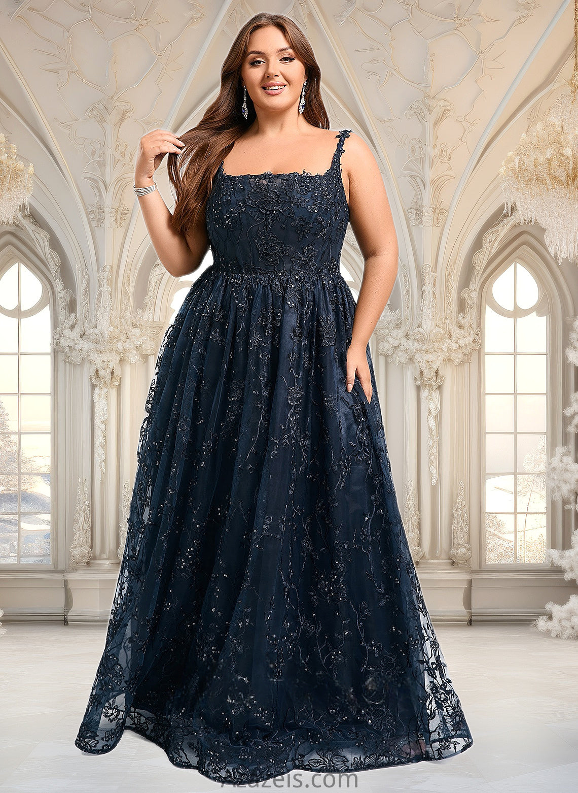 Erin A-line Square Floor-Length Organza Lace Floral Prom Dresses With Sequins DFP0025844