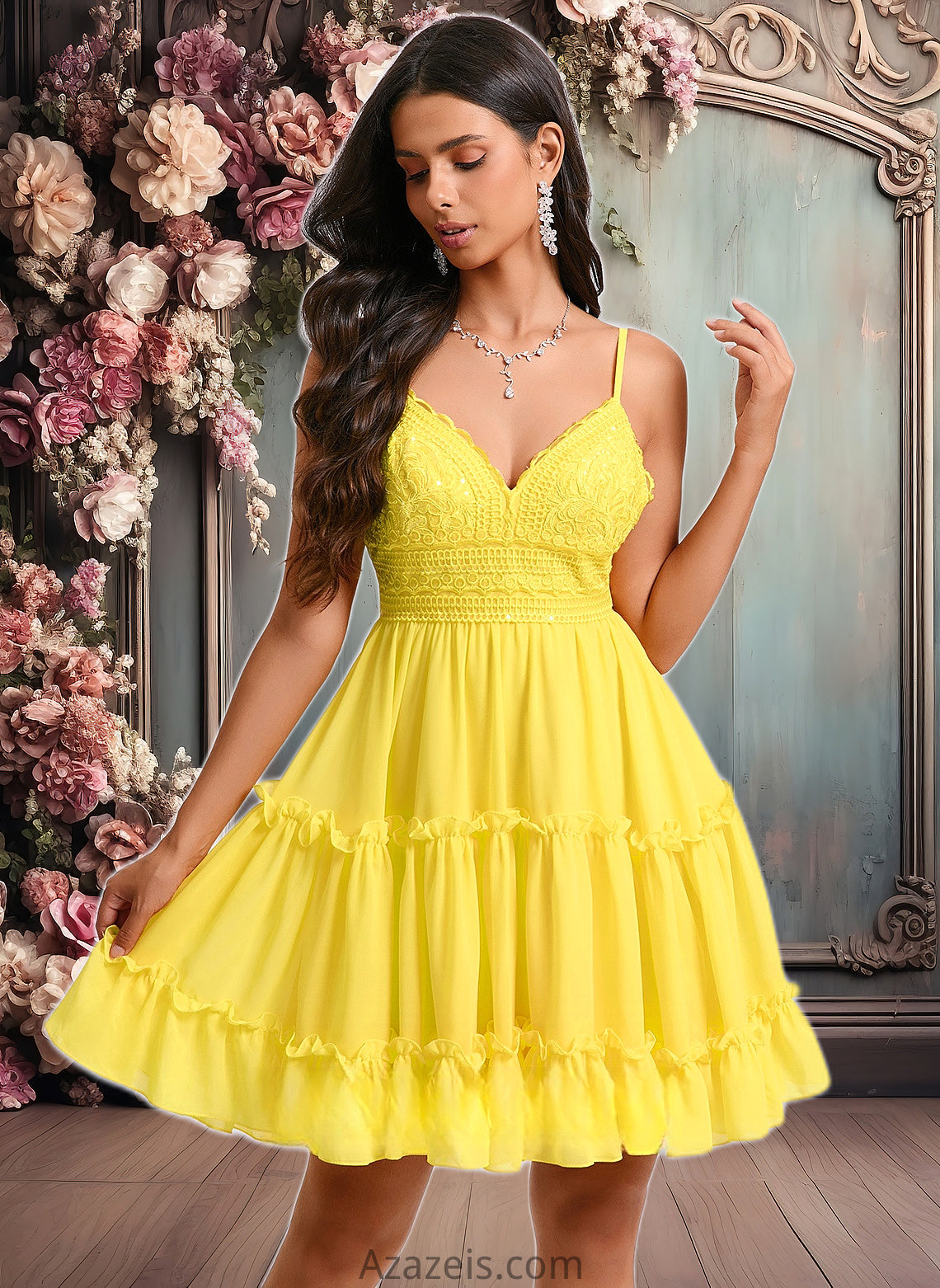 Karina A-line V-Neck Short Chiffon Homecoming Dress With Ruffle Sequins DFP0025700