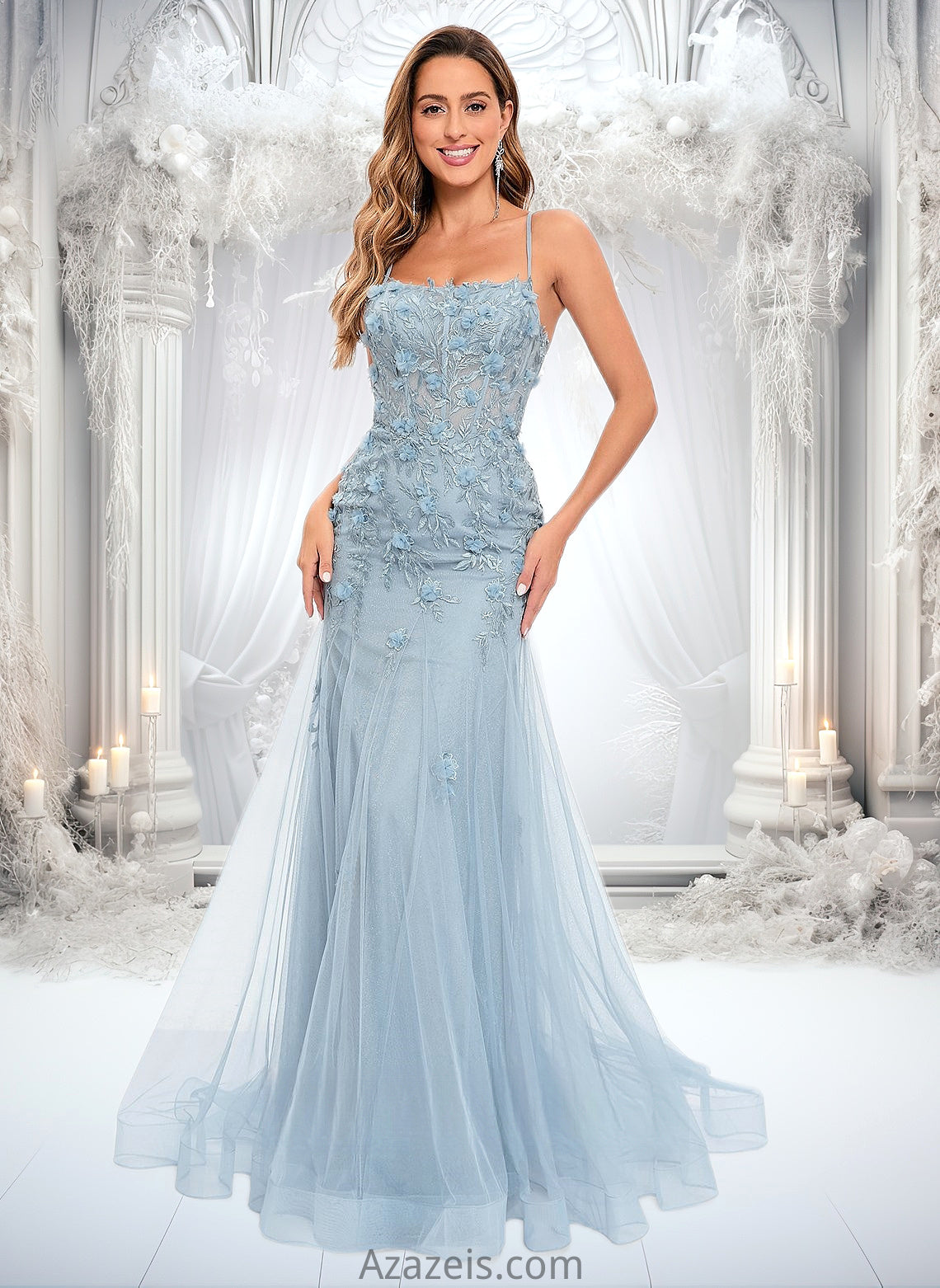 Olivia Trumpet/Mermaid Straight Sweep Train Tulle Prom Dresses With Flower DFP0025866