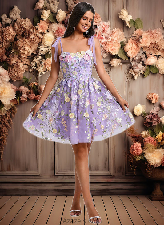 Frida A-line Scoop Short Floral Lace Homecoming Dress With Bow 3D Floral DFP0025695