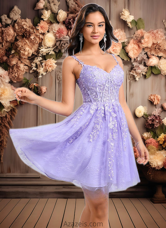 Elsa A-line V-Neck Short Tulle Lace Homecoming Dress DFP0025640